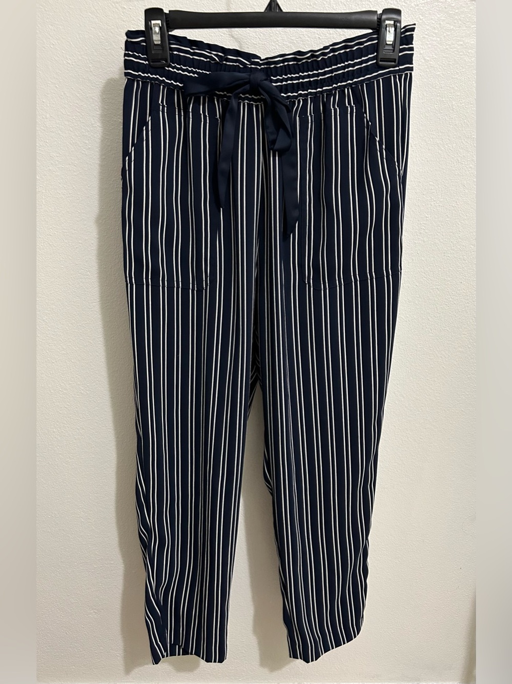 Zara Navy and White Vertical Stripe Drawstring Trousers